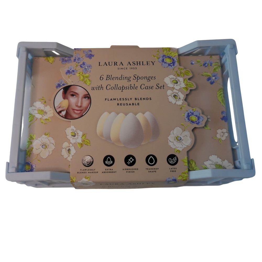 Laura Ashley 6-Piece Makeup Blending Sponges Set Collapsible Crate Blue NEW